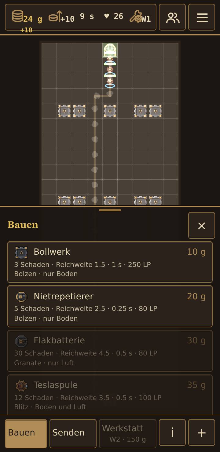Die Türme zum Bauen, mit ihren Werten
